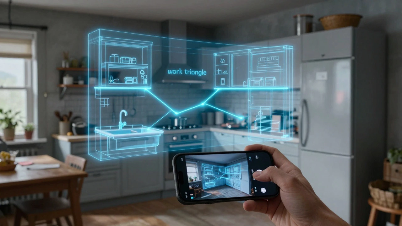 Futuristic AR overlay showing AI kitchen redesign and work triangle in real room