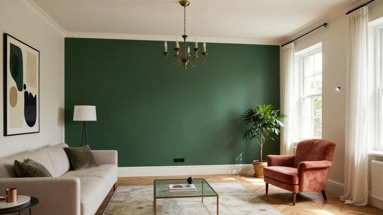 Living room with a deep green accent wall and statement art above the sofa