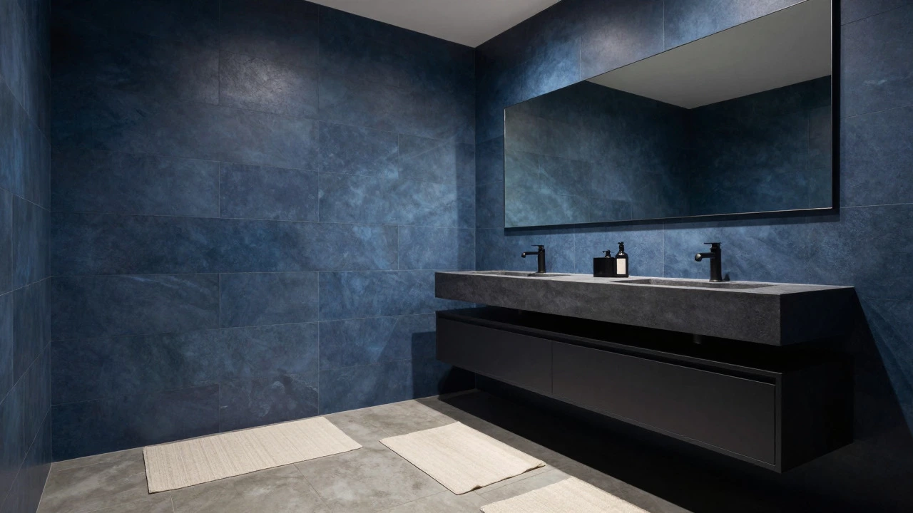 Luxurious slate blue bathroom with matte black accents