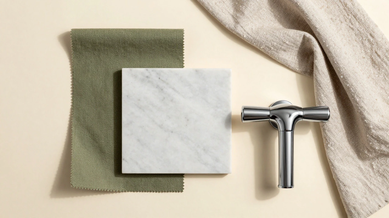 Material samples showing relaxing bathroom color combinations