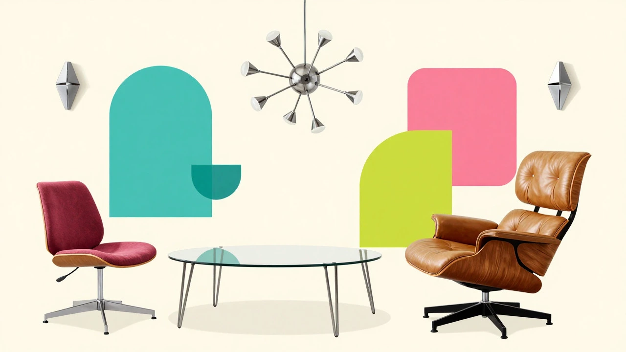 Mid-century modern furniture including an Eames chair and Sputnik chandelier against a colorful abstract background.