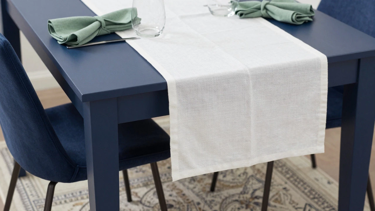 Navy blue dining table with linen runner and modern chair legs