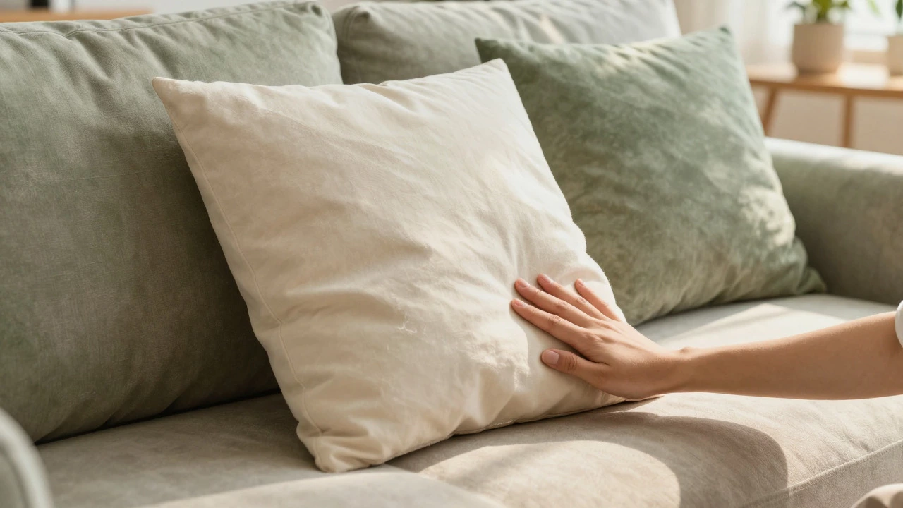 Repaired plush couch cushion placed back on a sofa in sunlight