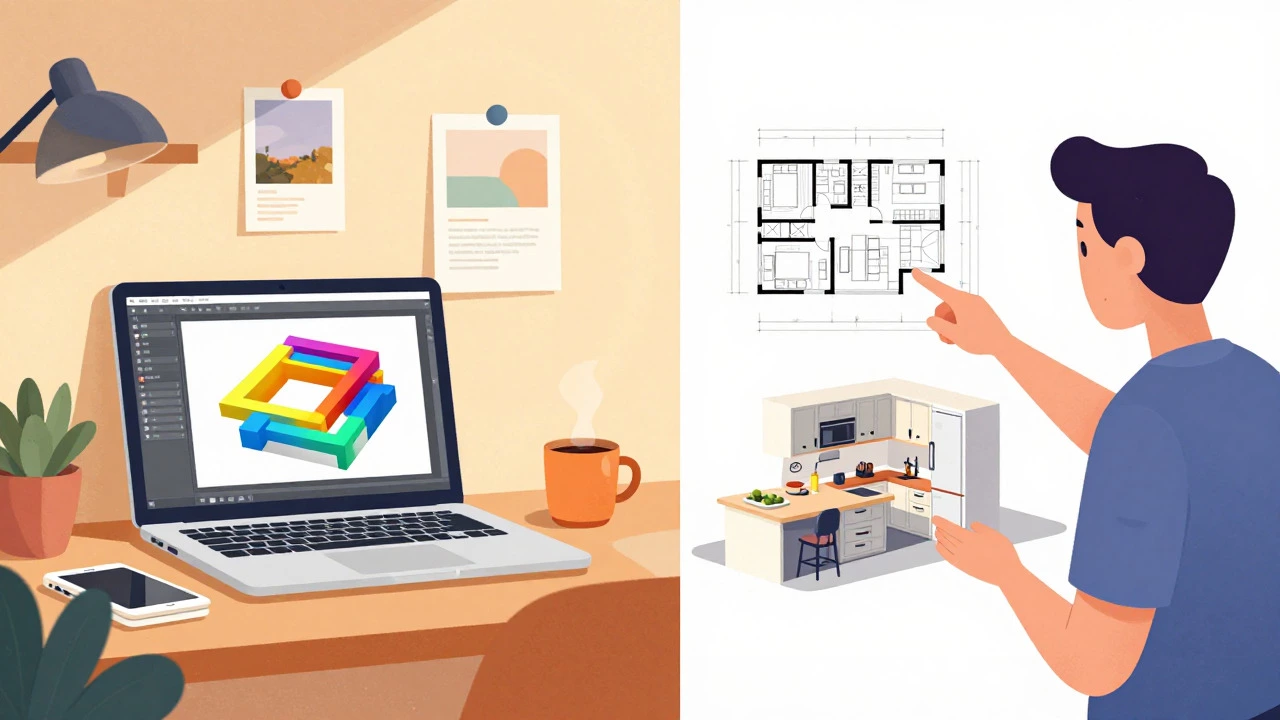 Split view comparing DIY kitchen software use with professional blueprint review