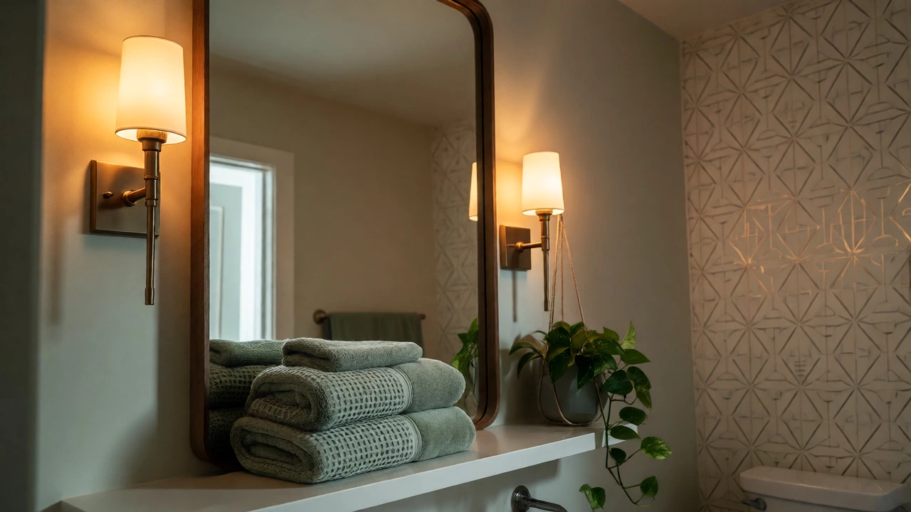 Bathroom vanity with large framed mirror, warm sconce lighting, and sage green towels.