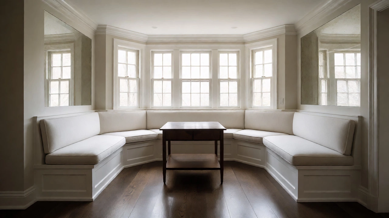 Built-in corner banquette seating by a bay window in a dining room
