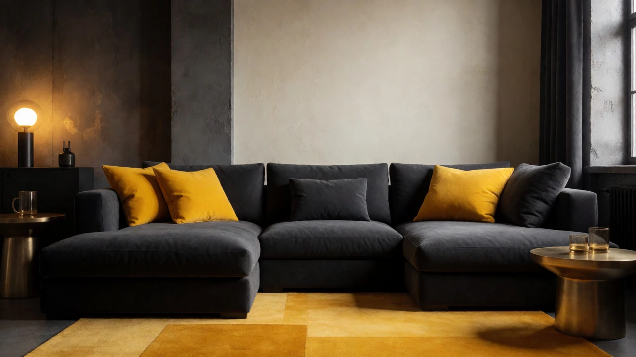 Charcoal gray sofa with mustard yellow pillows in a modern industrial living room.