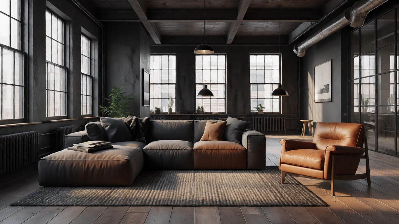 Charcoal grey sectional and cognac leather chair in an industrial loft with wooden floors.