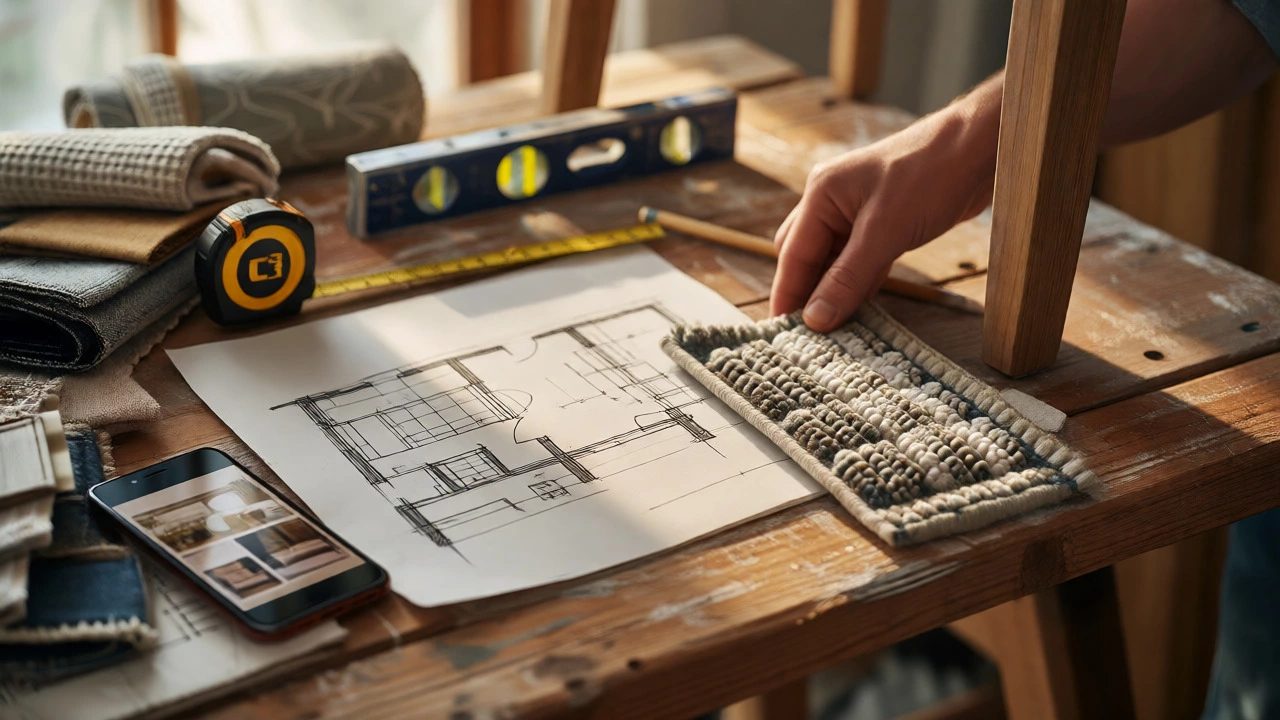 Close-up of renovation tools, fabric swatches, and sketches on a table representing the hybrid design approach.