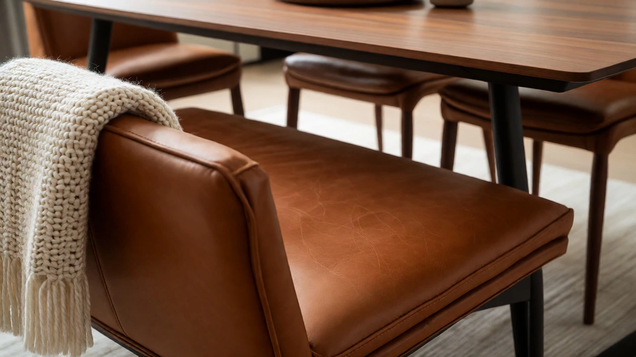 Cognac leather bench tucked under a dining table with a cream throw
