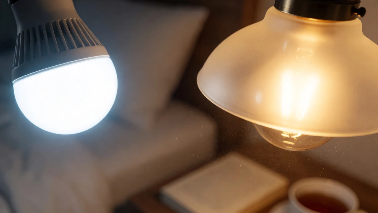 Comparison of harsh cool white light versus warm amber light in a bedroom setting.