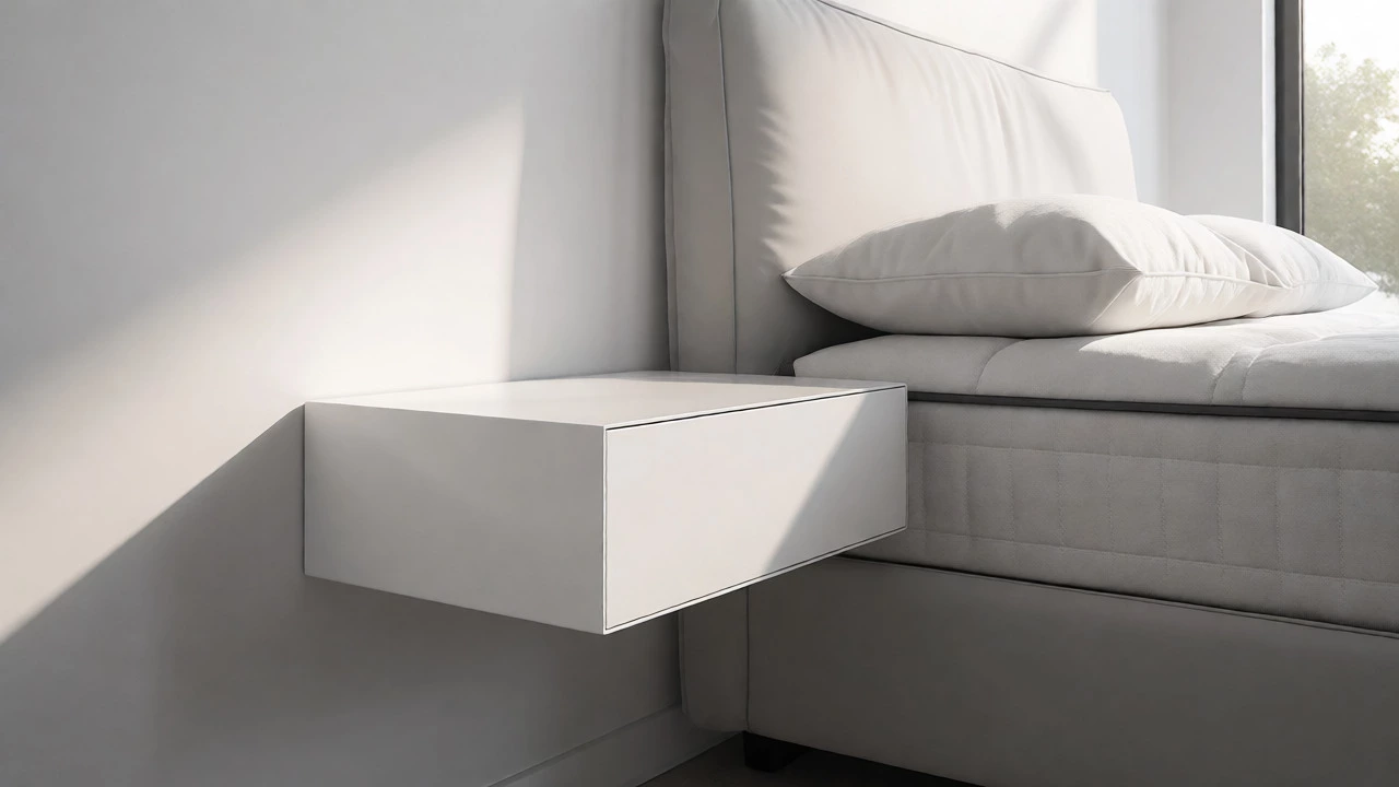 Floating wall-mounted nightstand aligned with mattress height