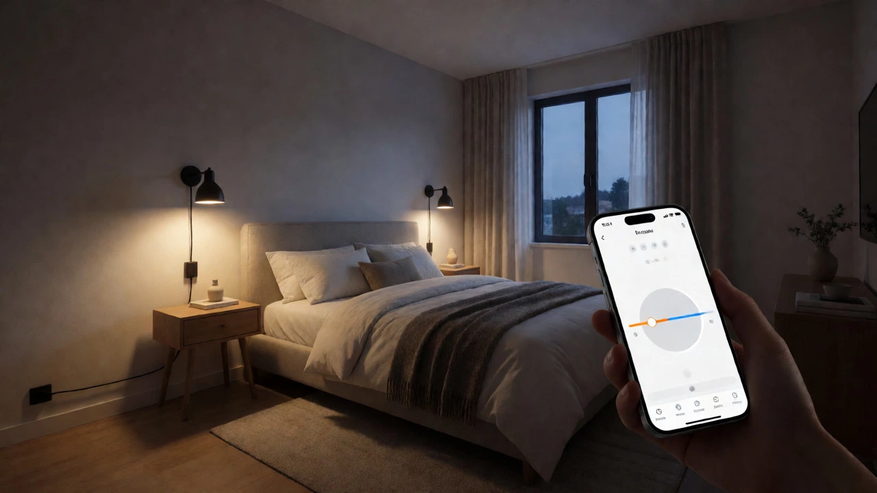 Hand using smartphone to dim smart bedroom lights to a low, relaxing level.