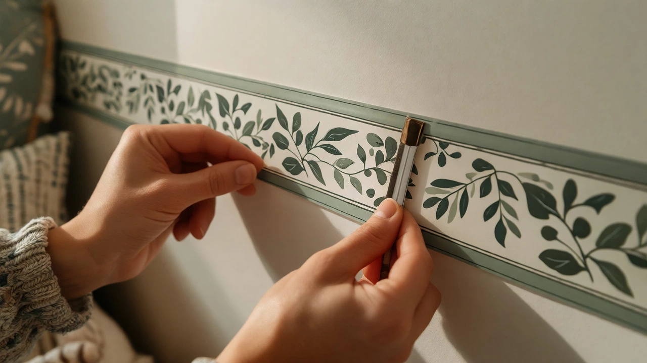 Hands applying a thin sage green botanical wallpaper border
