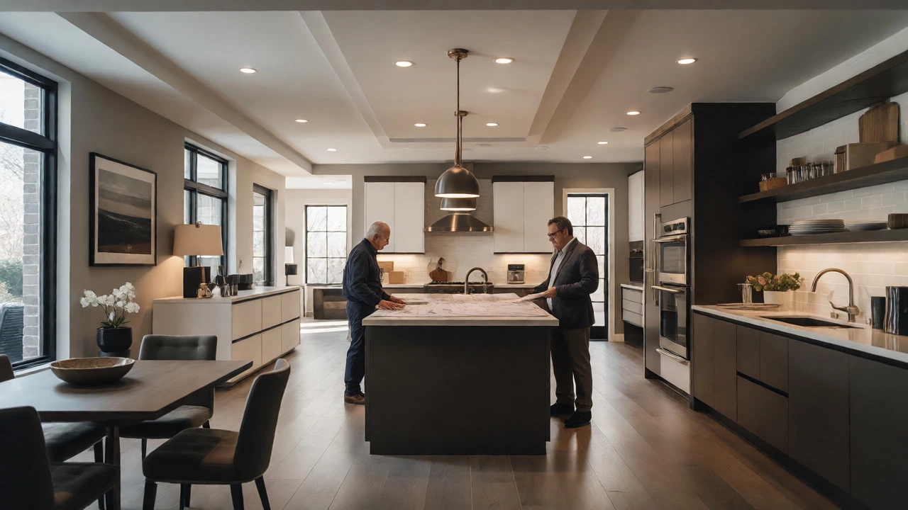 Interior designer consulting with a homeowner in a well-planned, modern open-plan living space.