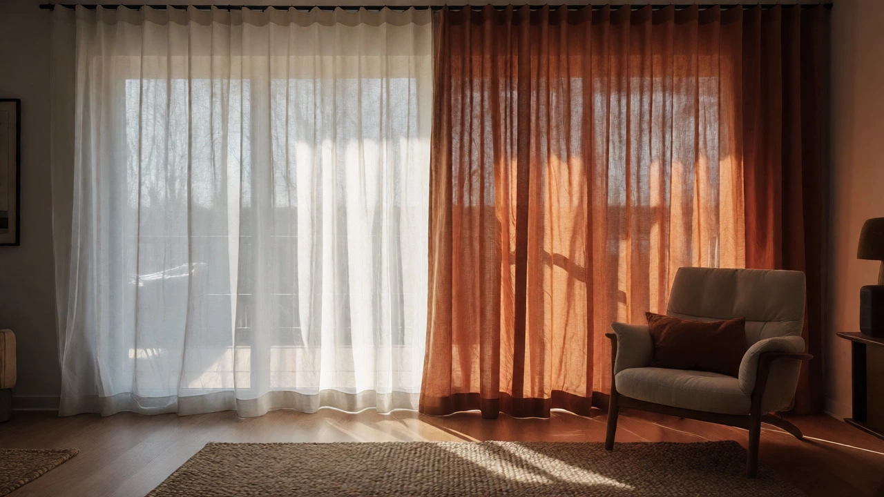 Layered white and terracotta curtains in a cozy, warmly lit living room