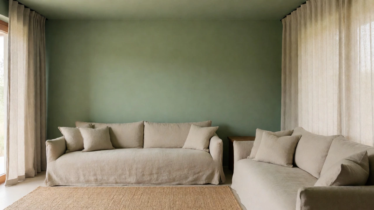Living room with sage green walls and beige linen furniture in natural light.