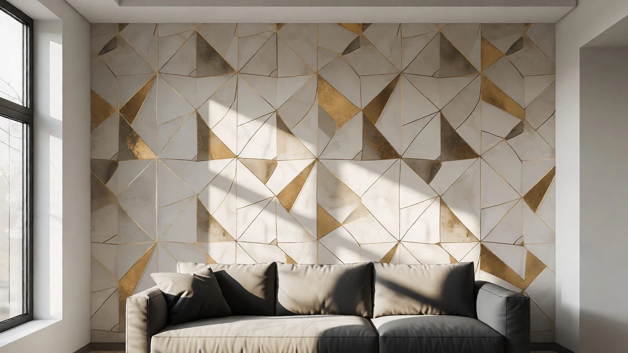 Modern living room with a stylish geometric wallpaper accent wall