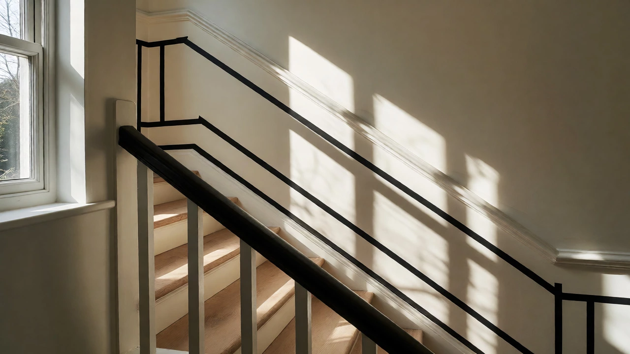 Narrow black geometric border running along a sunlit staircase