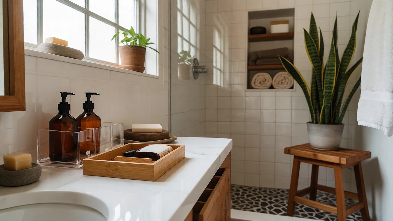 Organized bathroom counter with acrylic organizers, bamboo trays, and indoor plants.