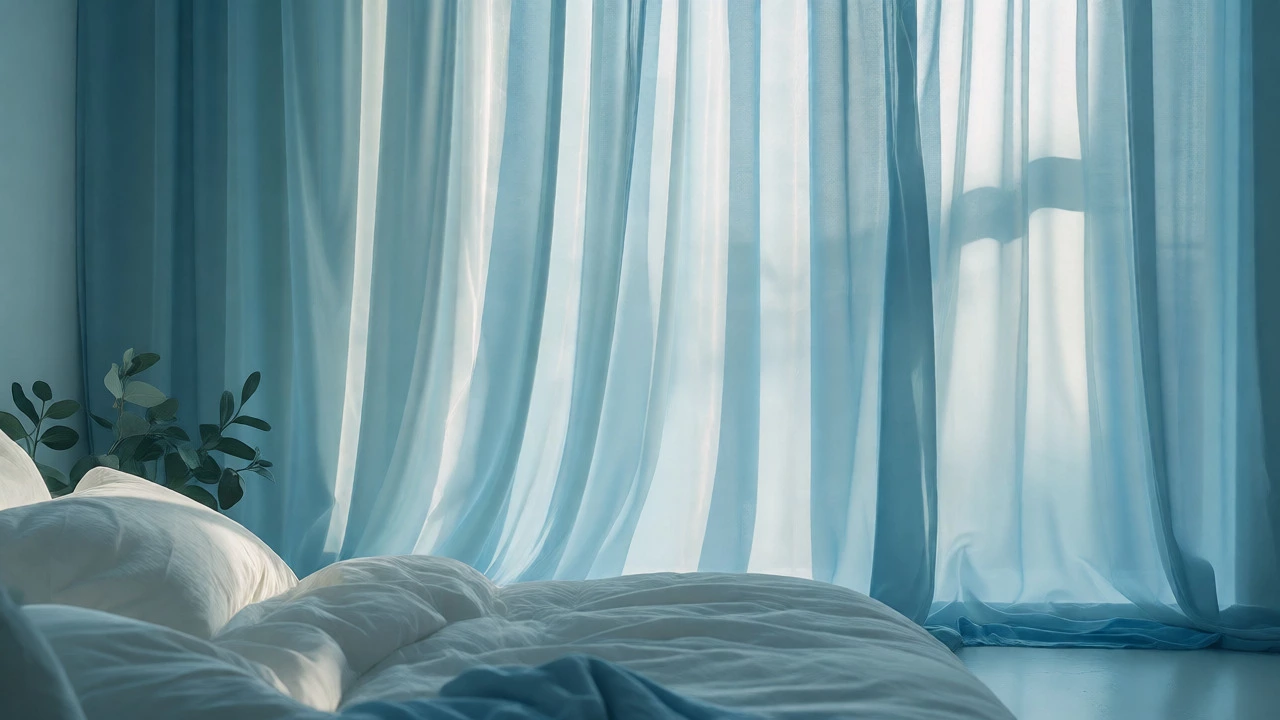Pale aqua-blue curtains creating a calm, serene bedroom atmosphere