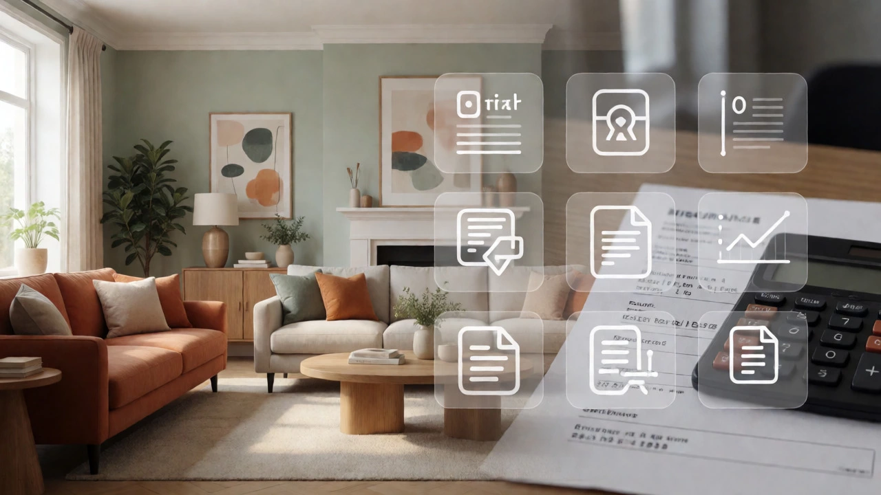 Split view of elegant interior design and financial planning concepts
