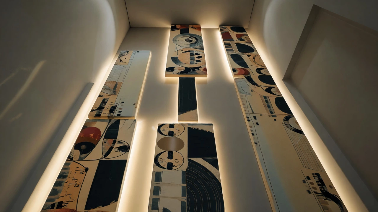 Vertical asymmetric quintych with LED backlighting in a contemporary hallway