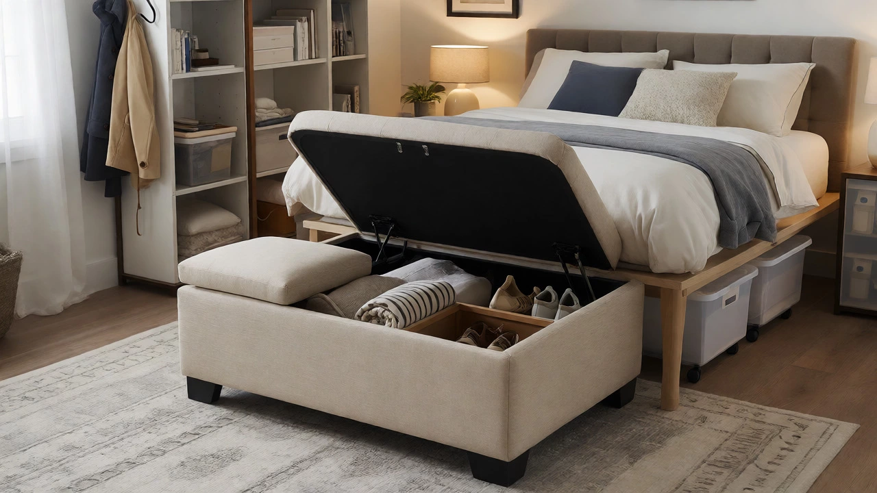 Bedroom with lift-top ottoman and under-bed storage bins