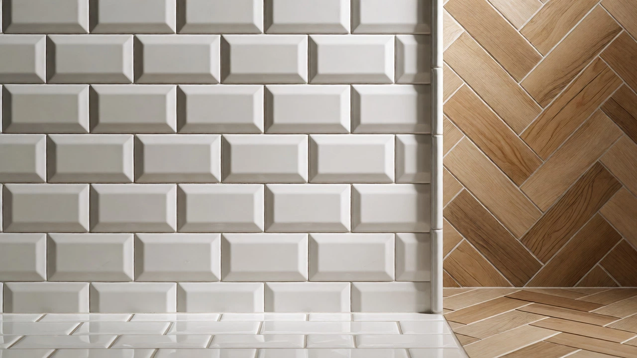 Classic white subway tiles and herringbone porcelain tile patterns in a bathroom