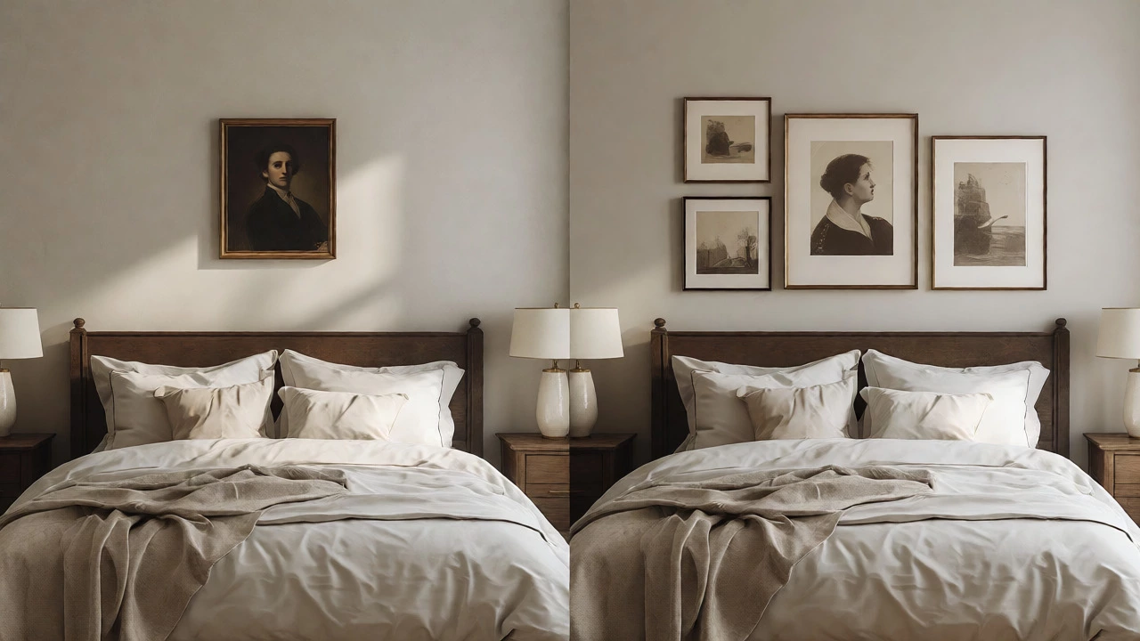 Comparison of poorly scaled small art versus balanced gallery wall above a bed
