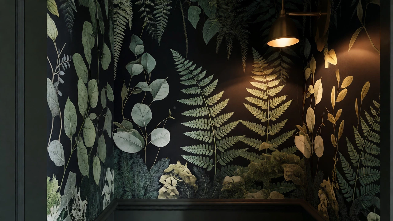 Dark botanical wallpaper with detailed fern illustrations in a moody powder room