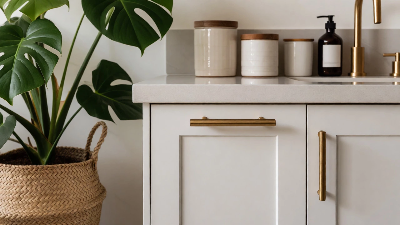 Detail shot of brushed brass hardware, decluttered counters, and potted plants in a stylish home.