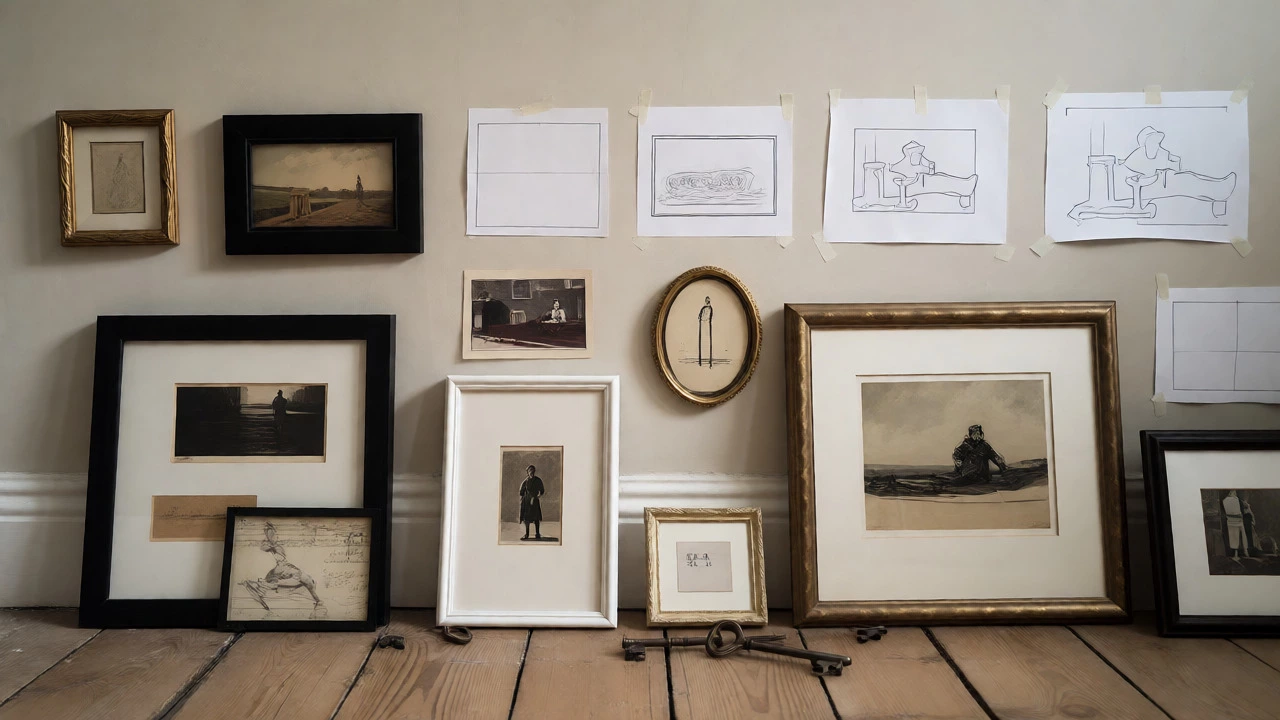 Eclectic gallery wall items and paper templates laid out on the floor for planning