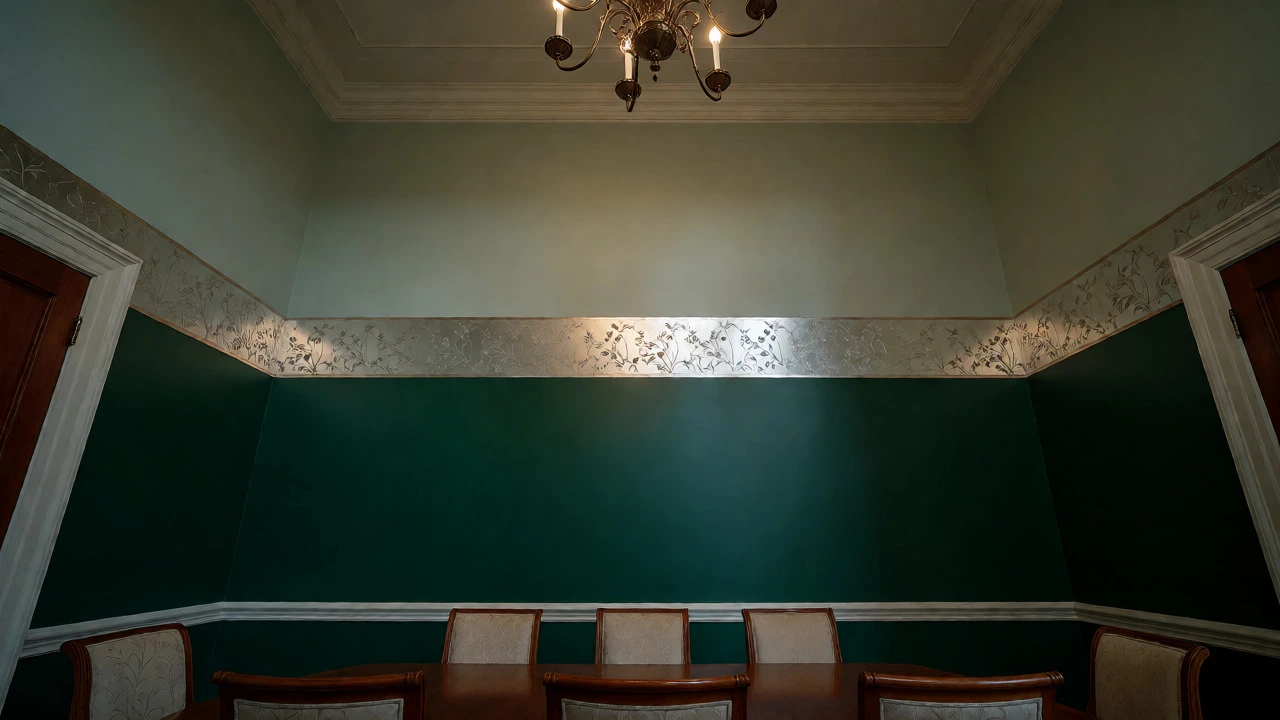Elegant dining room featuring a metallic botanical wallpaper border near the ceiling.