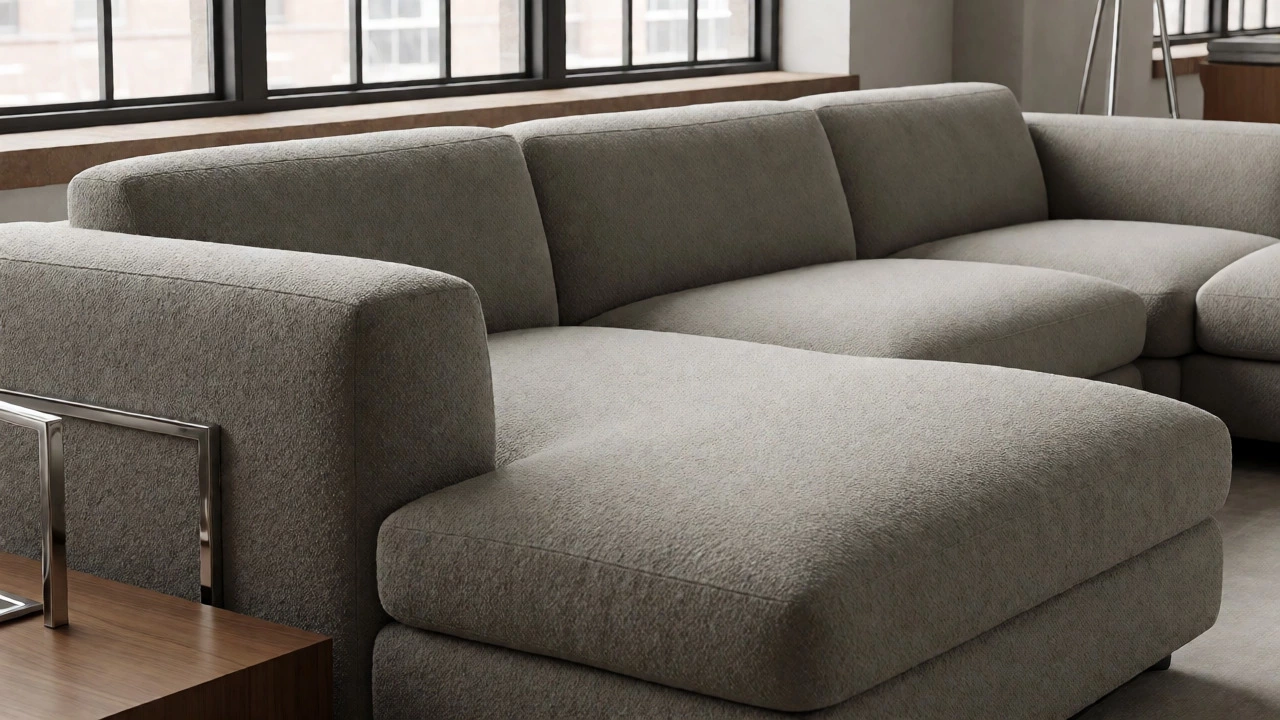 Greige bouclé sofa in modern loft