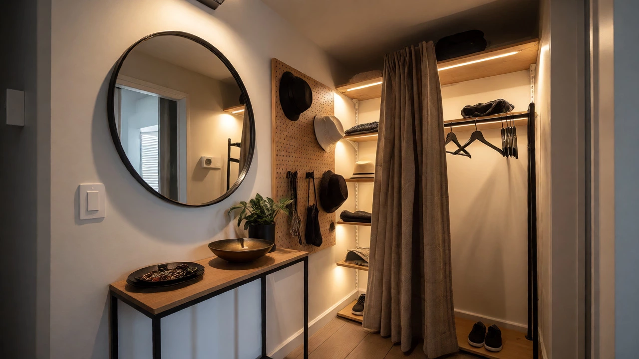 Hallway entryway with console table, mirror, and curtained clothing rack