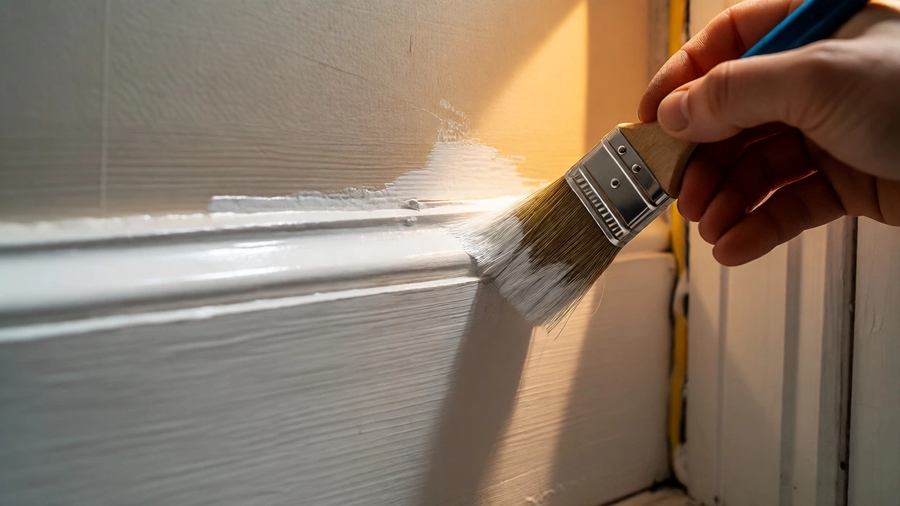 Hand painting white trim in a bathroom corner for home value