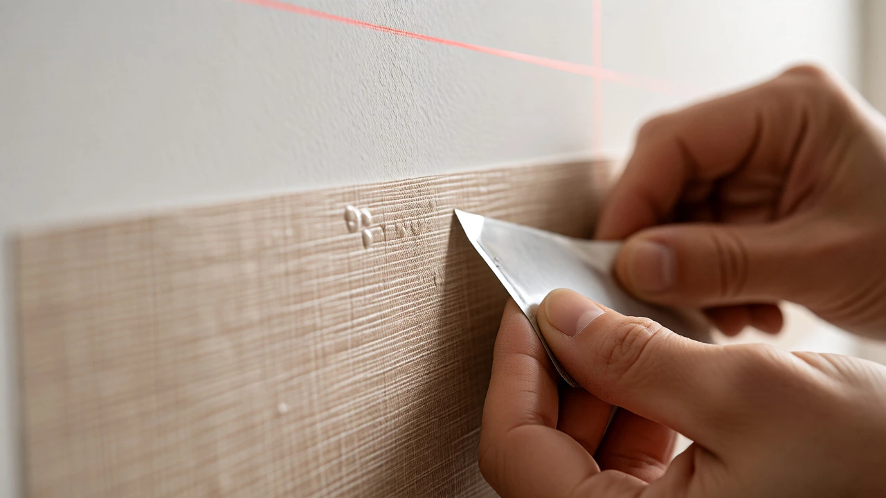 Hands using a squeegee to apply a peel-and-stick textured wallpaper border.