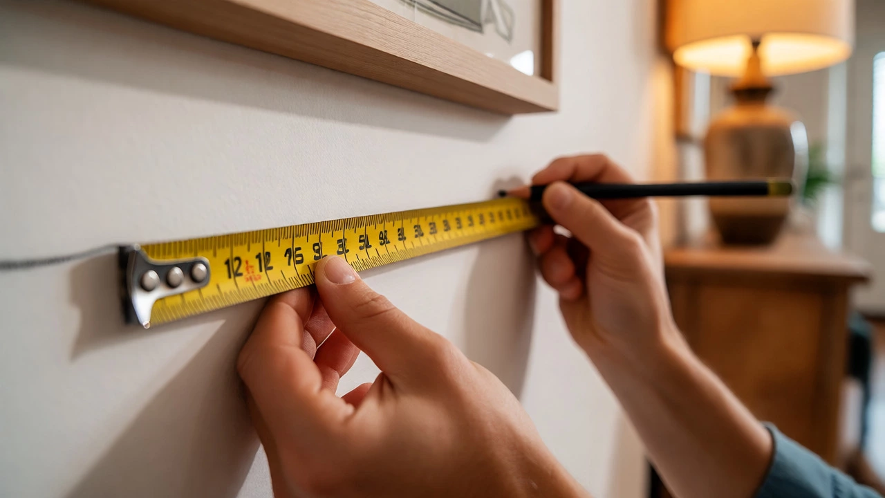 Hands using a tape measure to determine wall space for hanging artwork