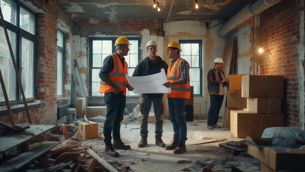 Interior designer managing a chaotic construction site with contractors