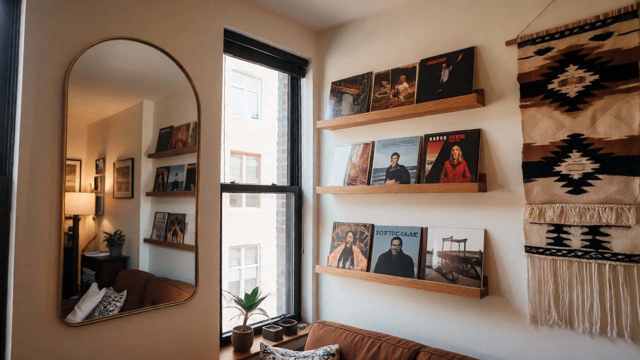 Living room corner with arched mirror, floating shelves, and macramé tapestry