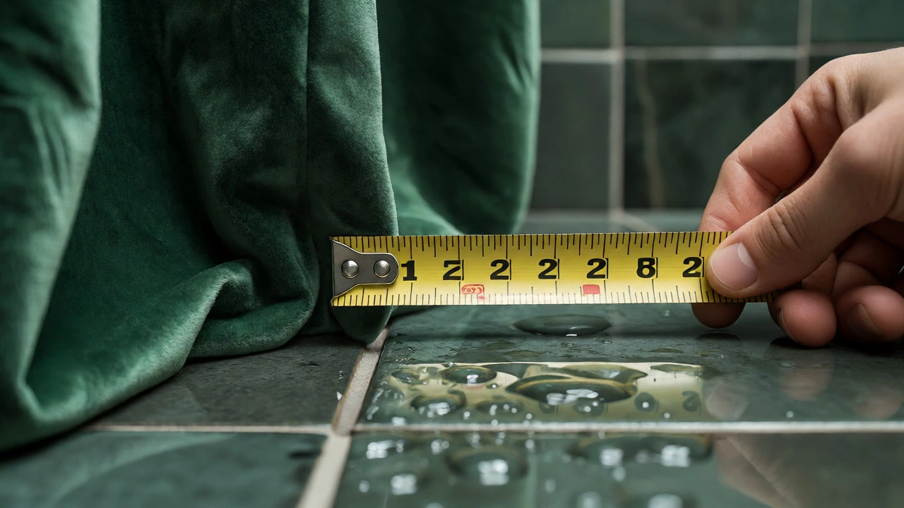 Measuring tape checking two-inch gap of velvet curtains near tile