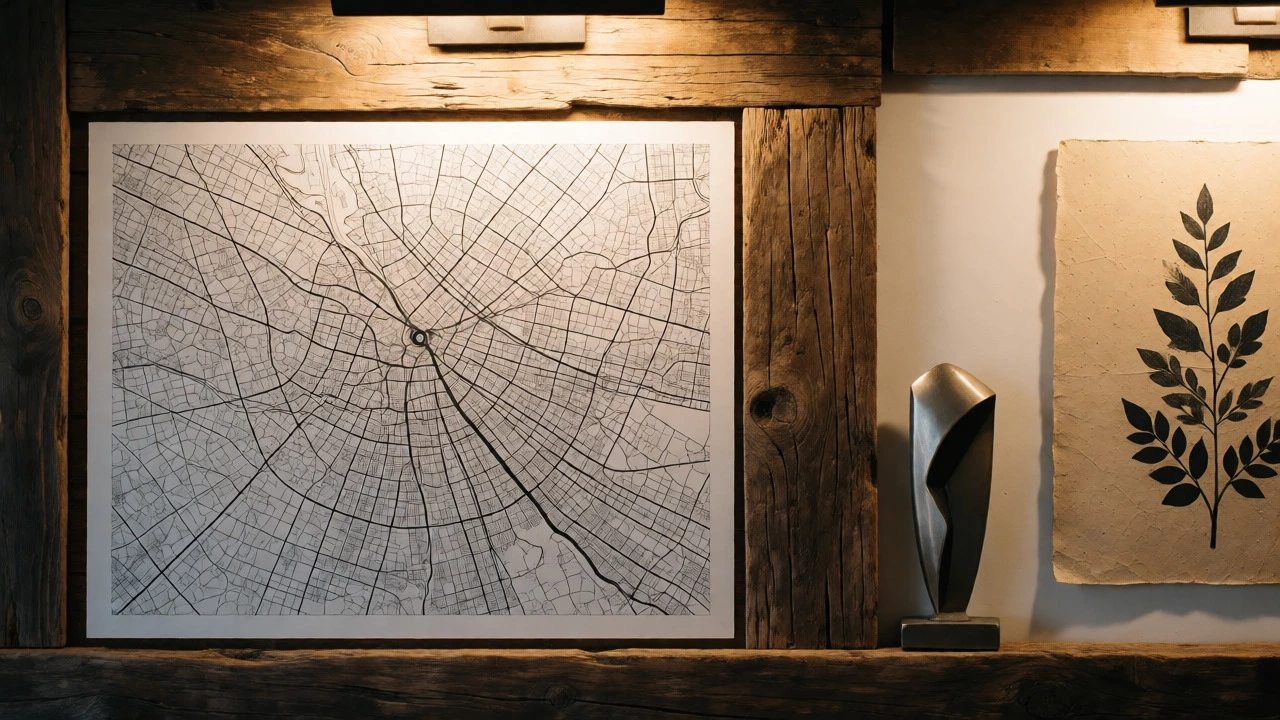 Mix of vintage frames and modern art illuminated by picture lights