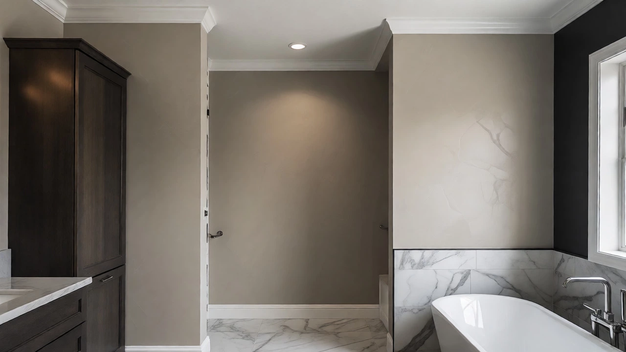 Modern master bath with greige walls and dark wood accents