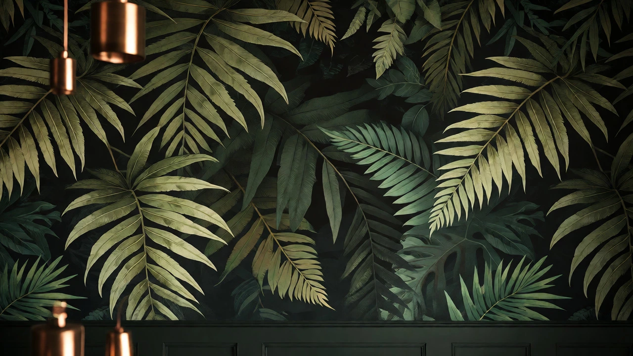 Moody forest green botanical wallpaper with brass accents