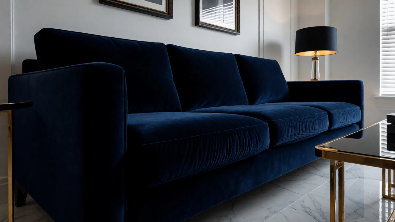 Navy velvet sofa in elegant living room
