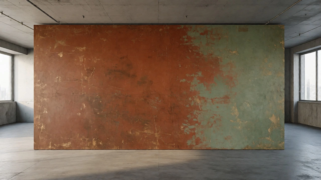 Oversized abstract canvas anchoring an open-plan industrial apartment
