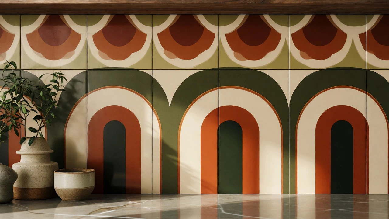Retro geometric wallpaper with scalloped edges in earthy tones behind a kitchen counter