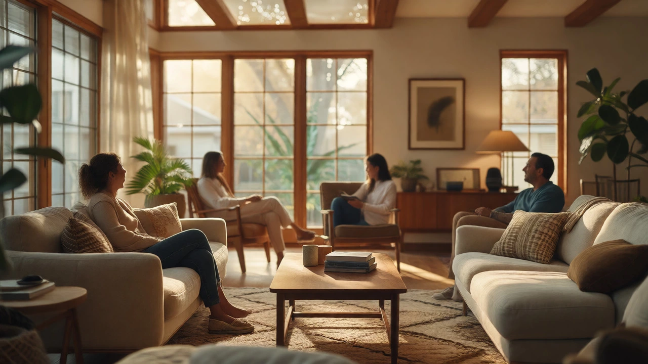 Serene, beautifully designed living room with happy family in background
