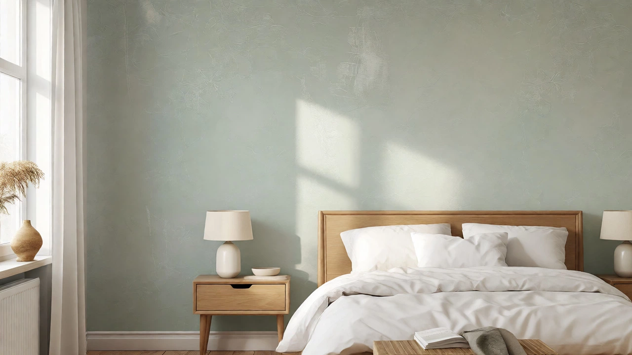 Soft sage green pastel wallpaper in a bright bedroom